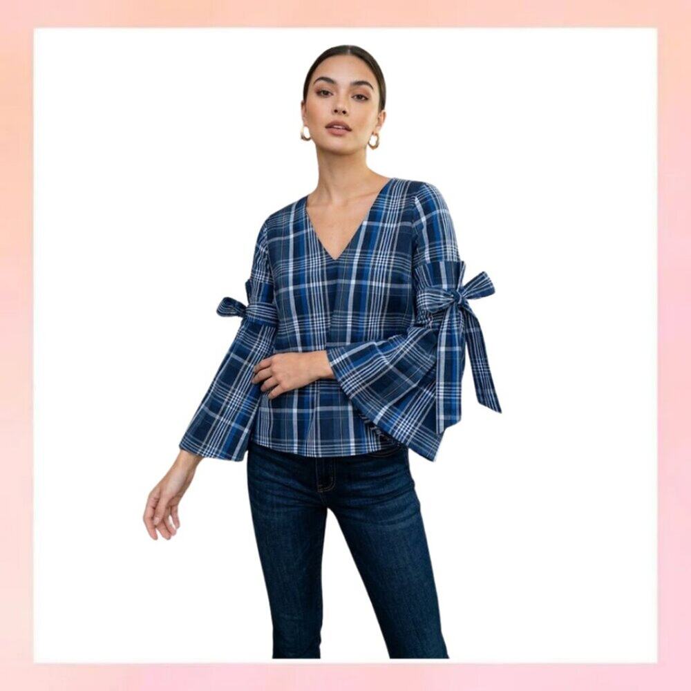 Gianni Bini Blue Plaid V-Neck Bell Sleeve Top with Bows - Size M